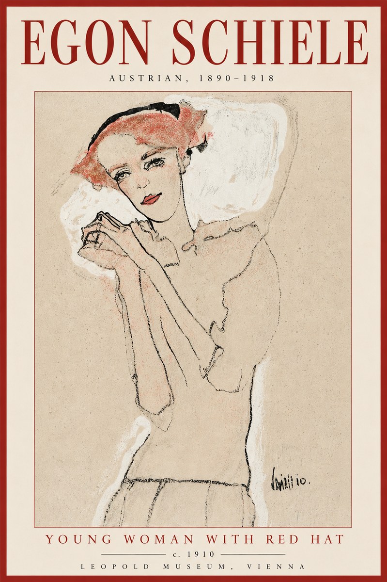 Schiele Young Woman with Red Hat No2 - Poszter