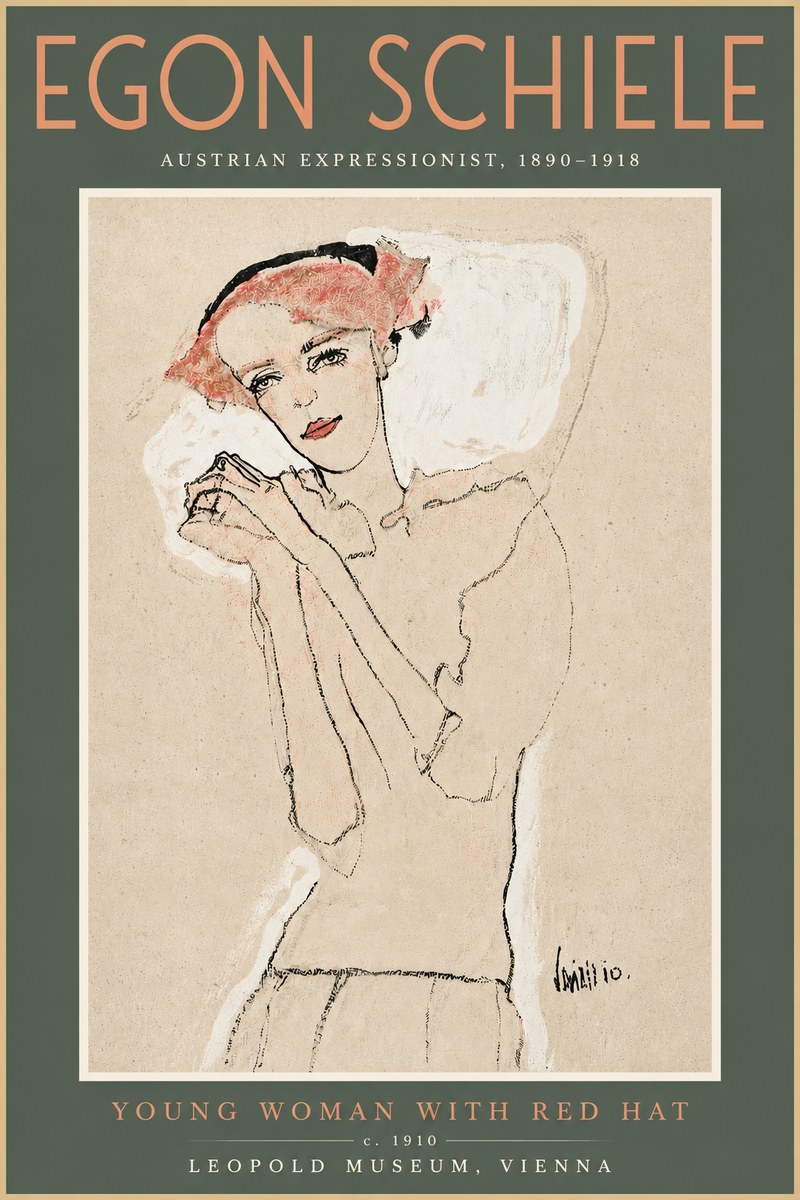 Schiele Young Woman with Red Hat No4 - Poszter