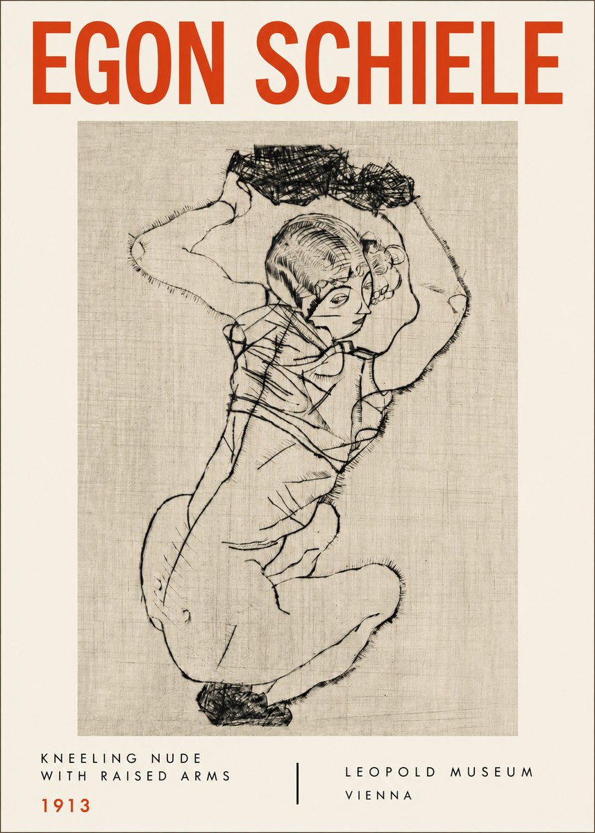 Schiele Kneeling Nude with Raised Arms No4 - Poszter