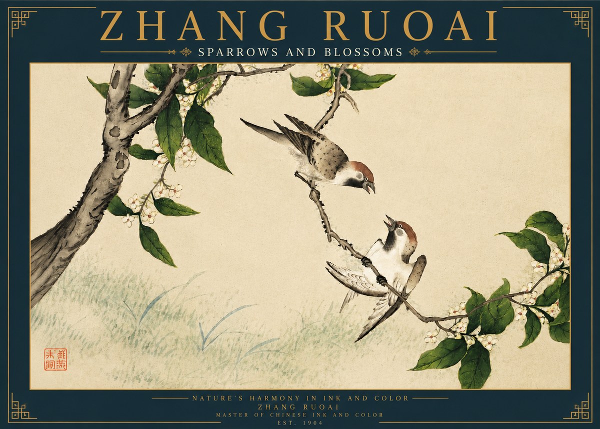 Zhang Ruoai Sparrows and Blossoms No4 - Poszter