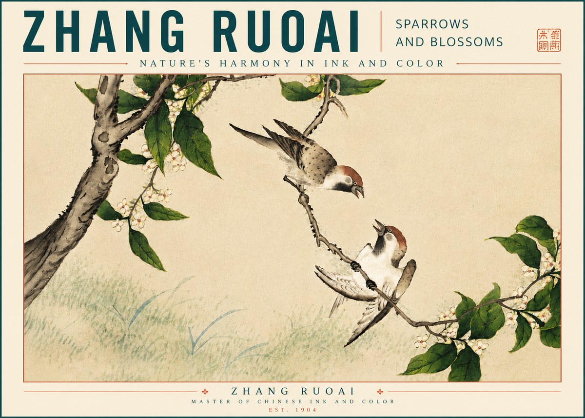 Zhang Ruoai Sparrows and Blossoms No5 - Poszter