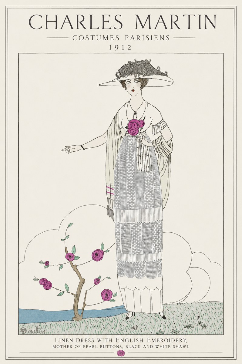 Charles Martin Linen Dress with English Embroidery, Mother-of-pearl Buttons, Black and White Shawl No1 - Poszter