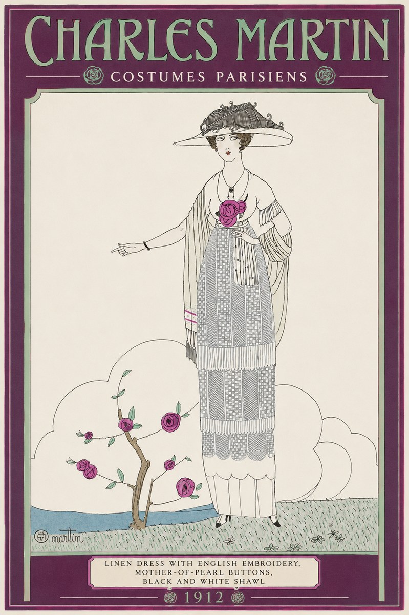 Charles Martin Linen Dress with English Embroidery, Mother-of-pearl Buttons, Black and White Shawl No2 - Poszter
