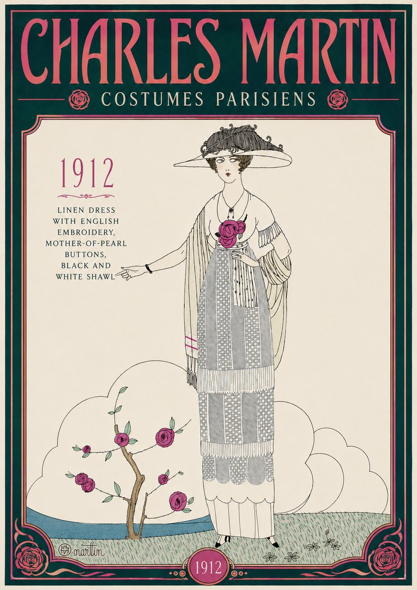 Charles Martin Linen Dress with English Embroidery, Mother-of-pearl Buttons, Black and White Shawl No4 - Poszter