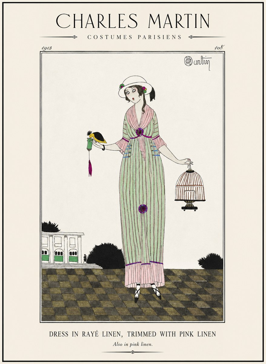 Charles Martin Dress in Rayé Linen, Trimmed with Pink Linen No1 - Poszter