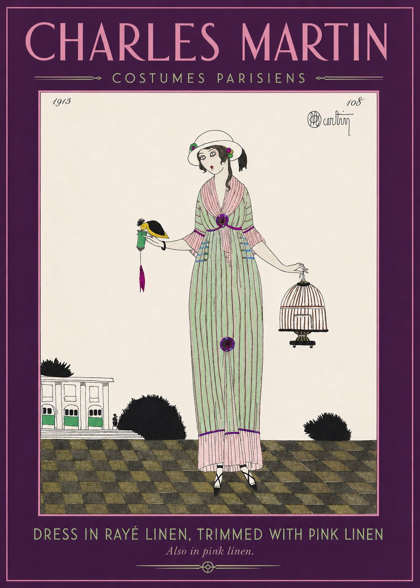 Charles Martin Dress in Rayé Linen, Trimmed with Pink Linen No2 - Poszter