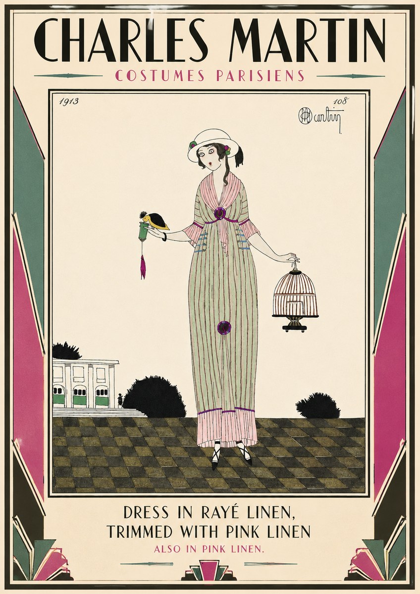 Charles Martin Dress in Rayé Linen, Trimmed with Pink Linen No3 - Poszter