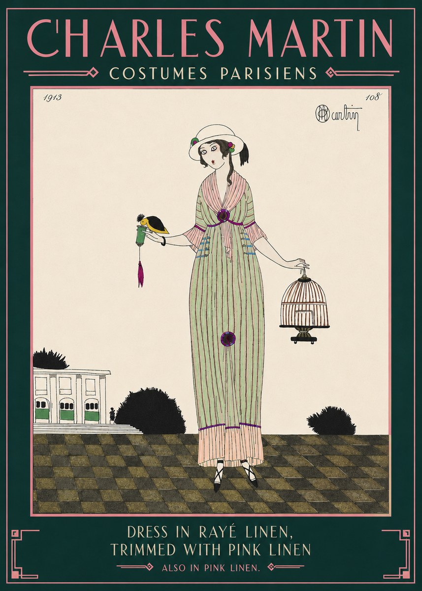 Charles Martin Dress in Rayé Linen, Trimmed with Pink Linen No4 - Poszter
