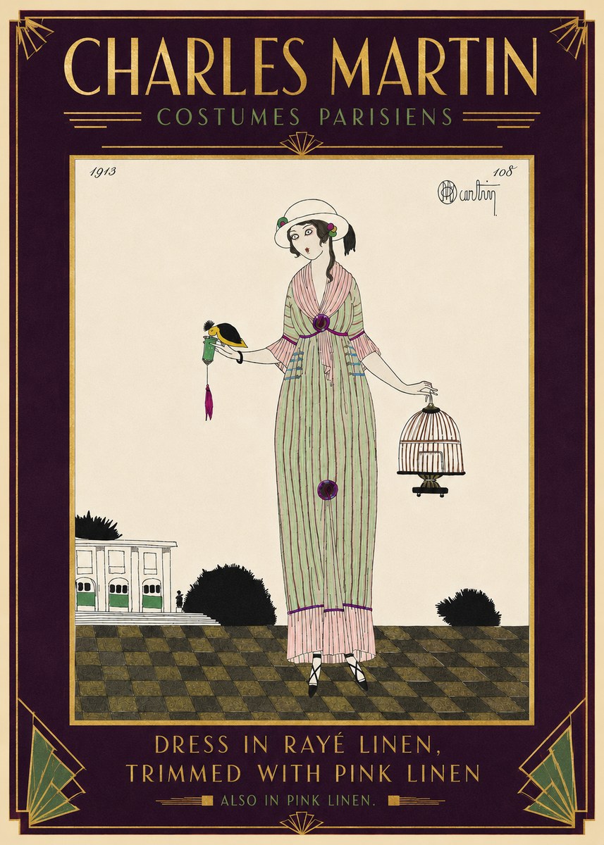 Charles Martin Dress in Rayé Linen, Trimmed with Pink Linen No5 - Poszter