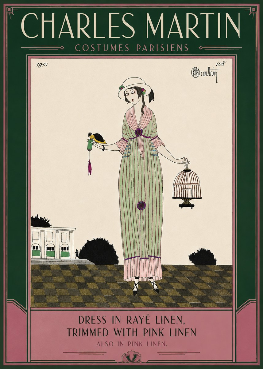 Charles Martin Dress in Rayé Linen, Trimmed with Pink Linen No6 - Poszter