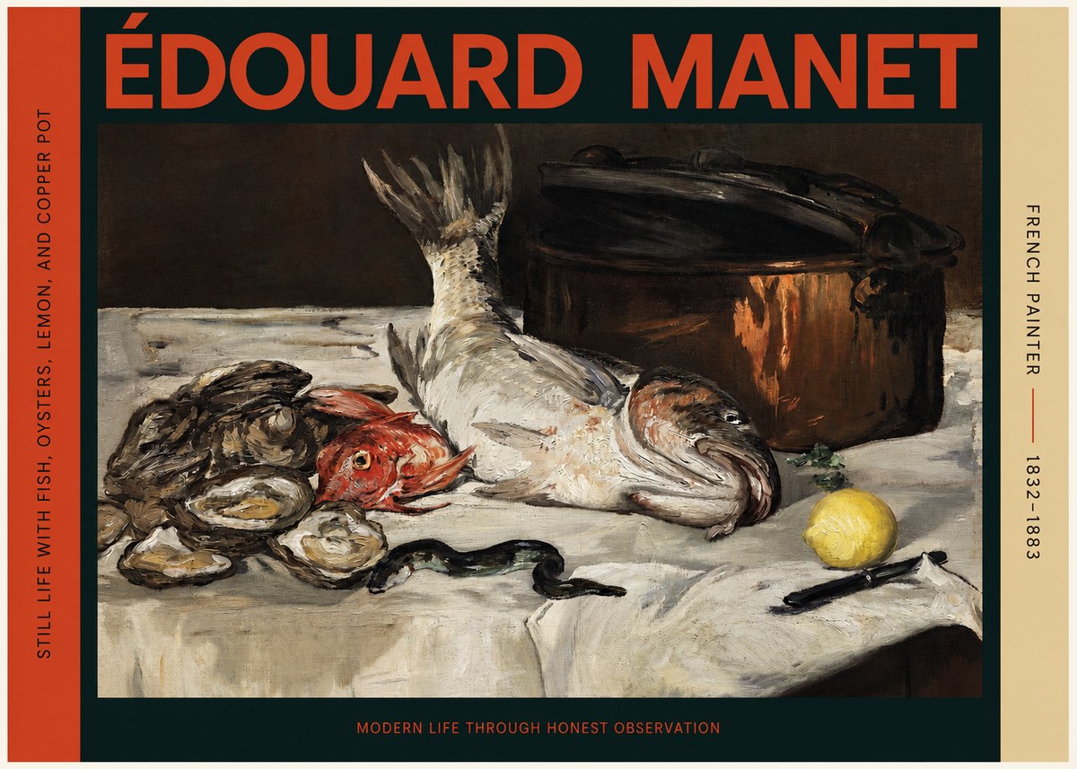 Édouard Manet Still Life with Fish, Oysters, Lemon, and Copper Pot No2 - Poszter