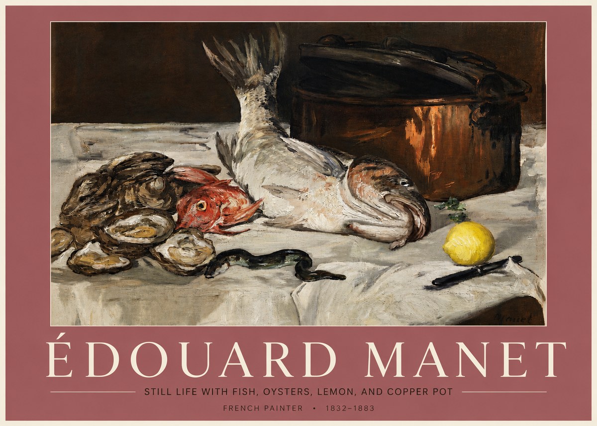 Édouard Manet Still Life with Fish, Oysters, Lemon, and Copper Pot No3 - Poszter