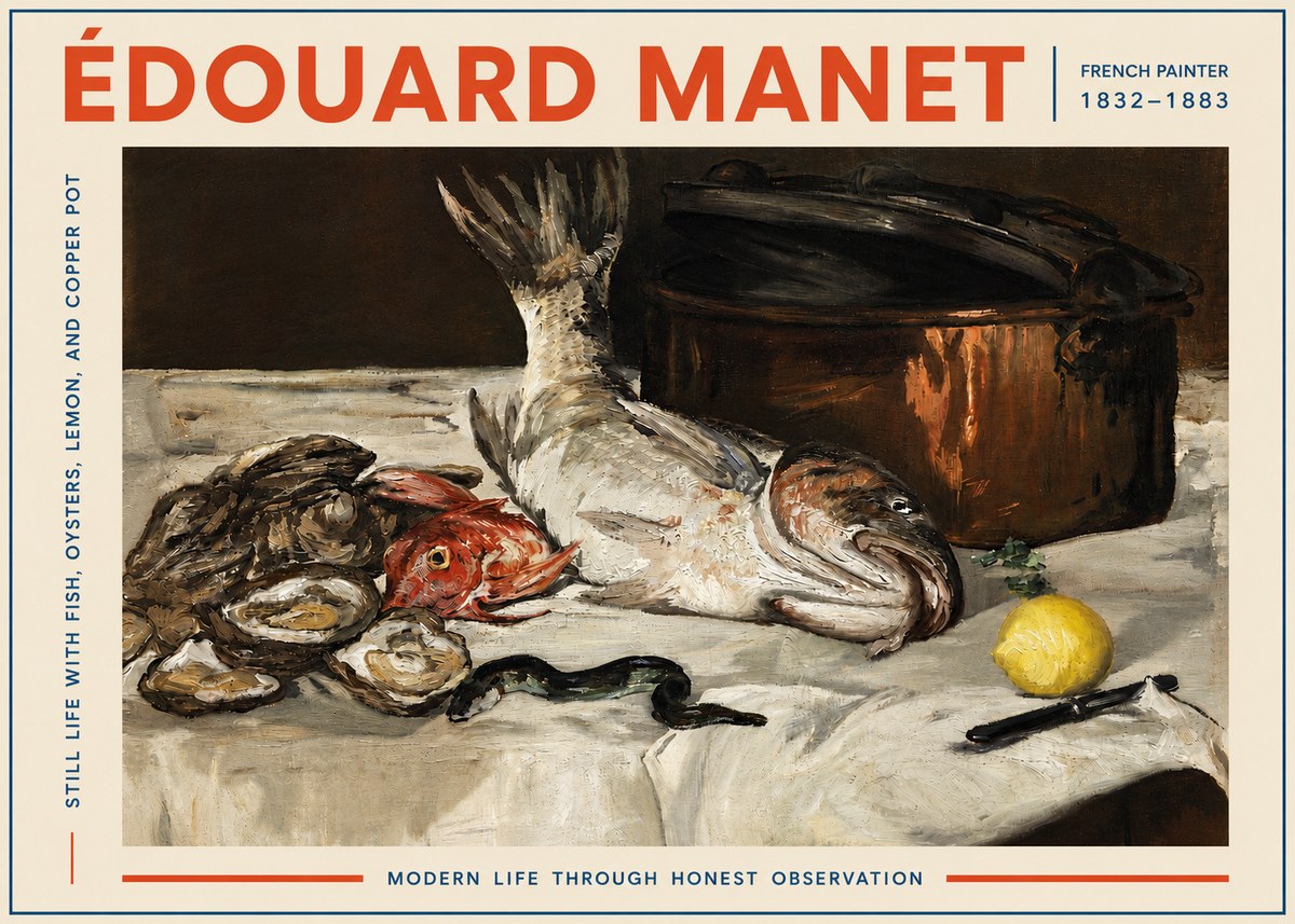 Édouard Manet Still Life with Fish, Oysters, Lemon, and Copper Pot No5 - Poszter