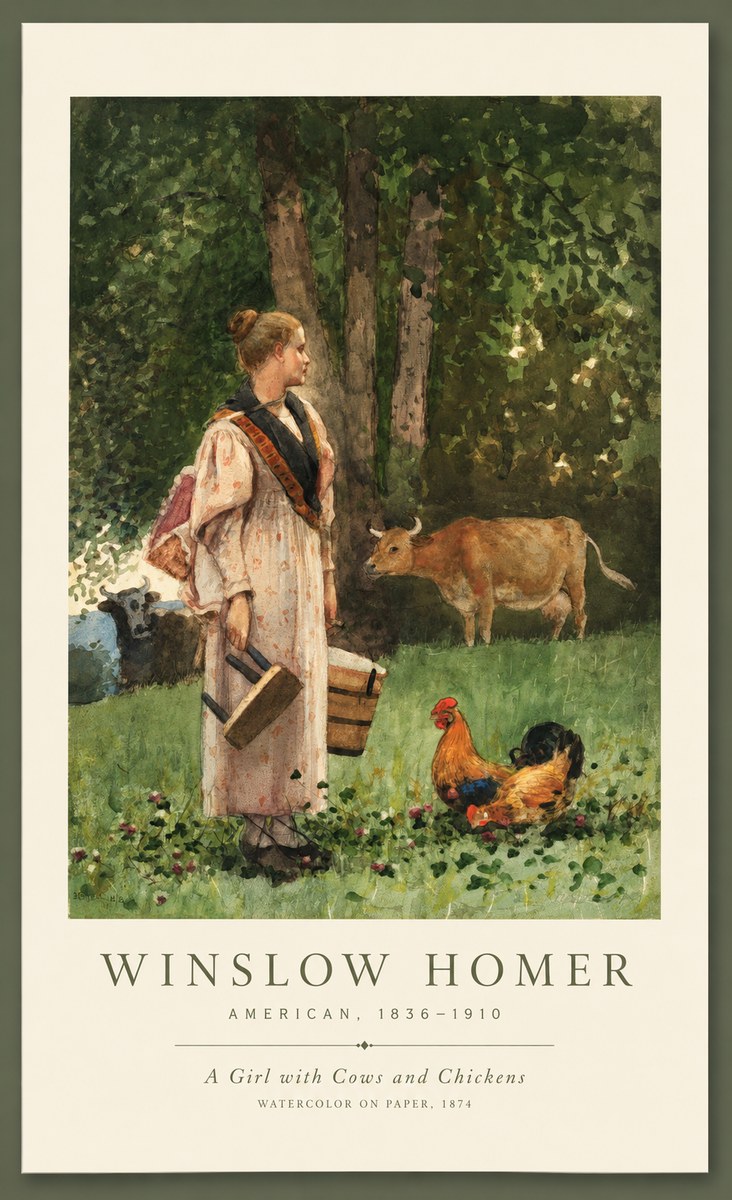 Winslow Homer A Girl with Cows and Chickens No1 - Poszter
