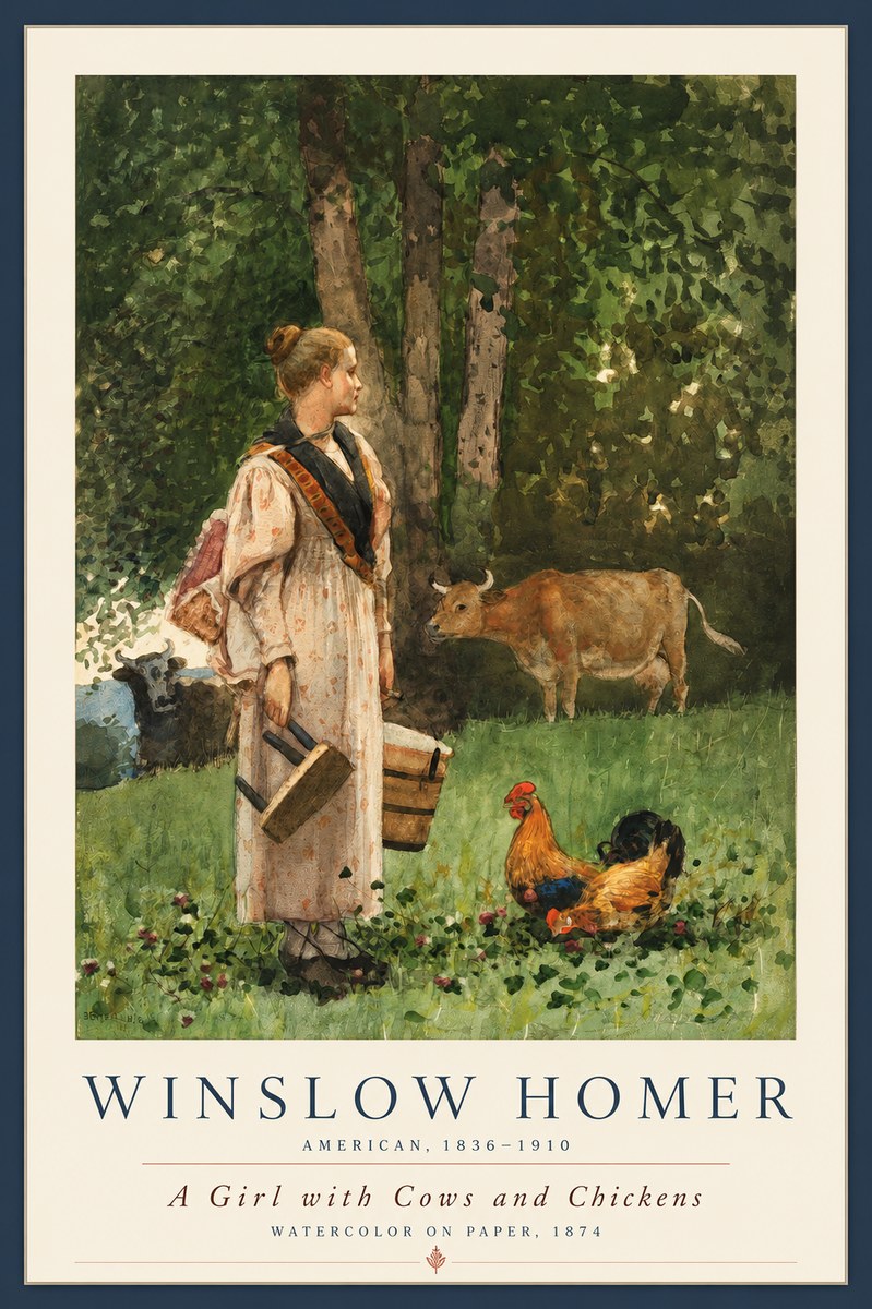 Winslow Homer A Girl with Cows and Chickens No2 - Poszter