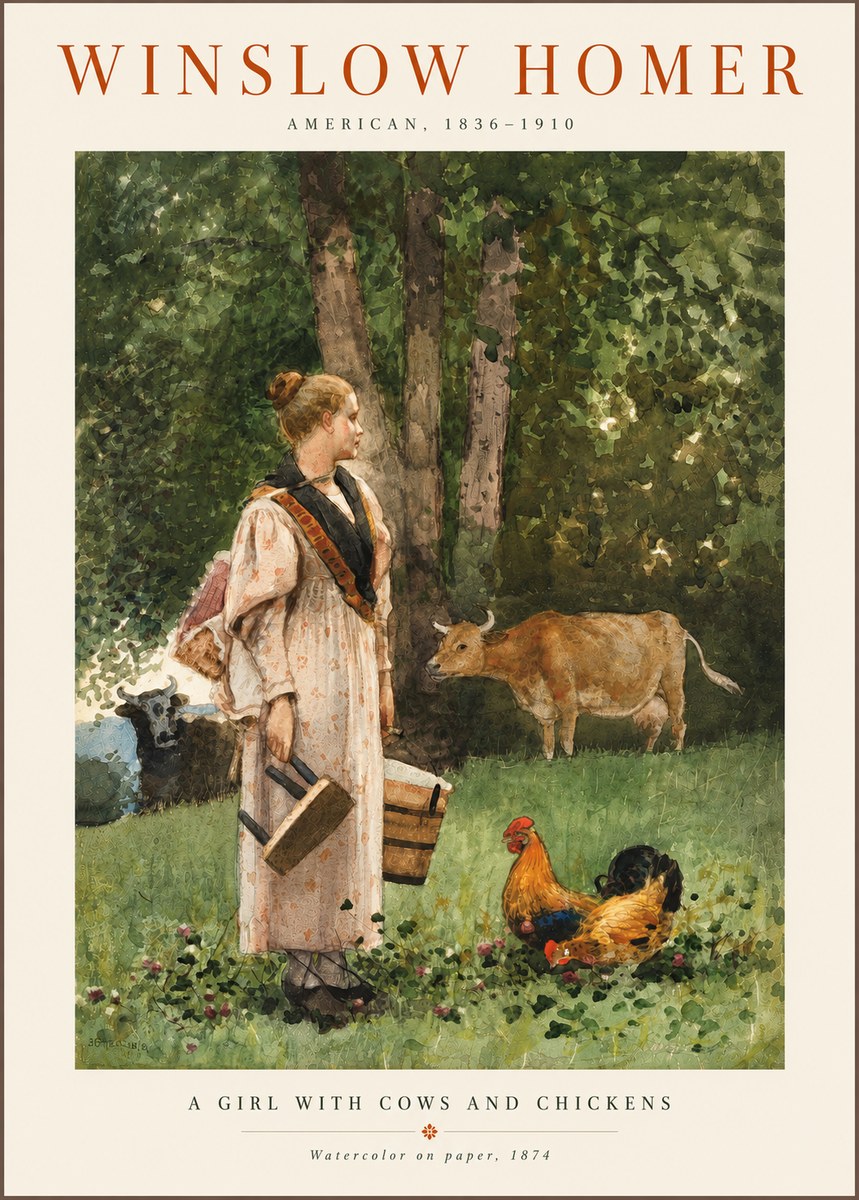 Winslow Homer A Girl with Cows and Chickens No6 - Poszter