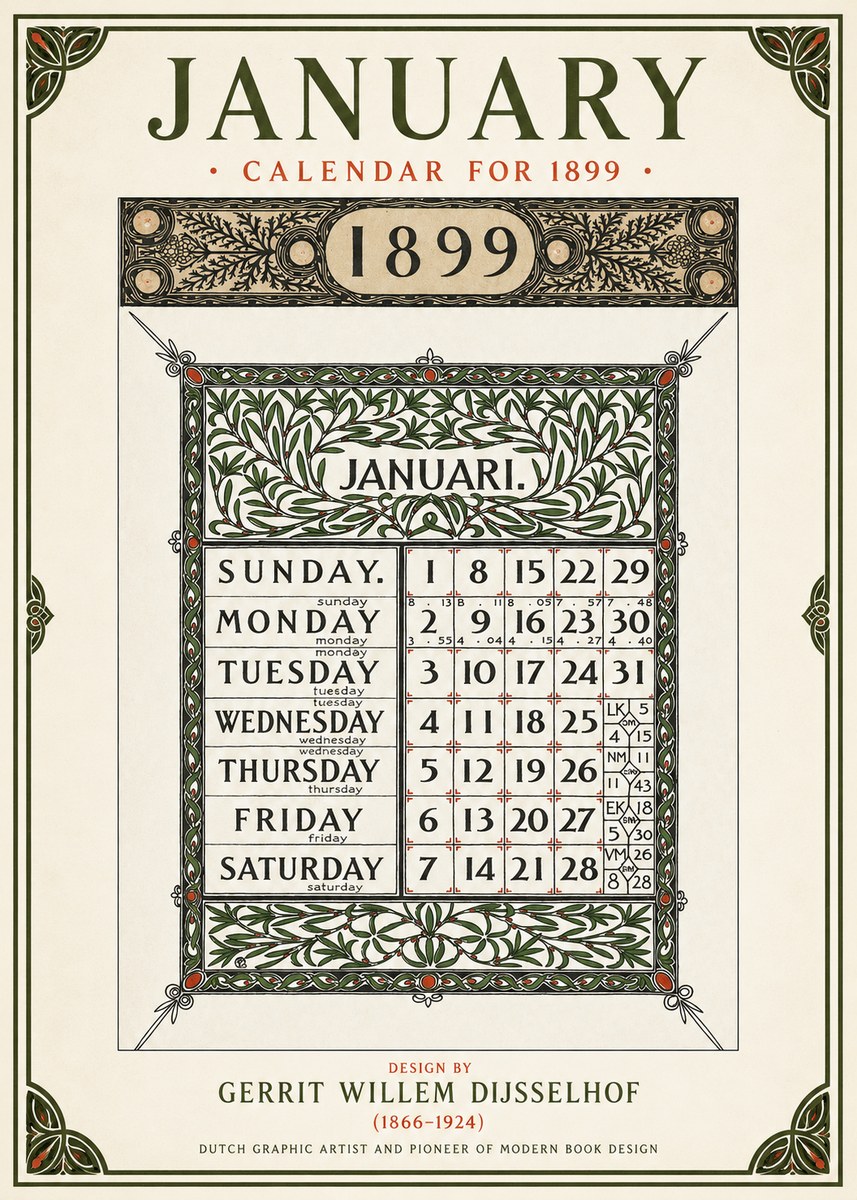 Gerrit Willem Dijsselhof January. Calendar for 1899. No1 - Poszter