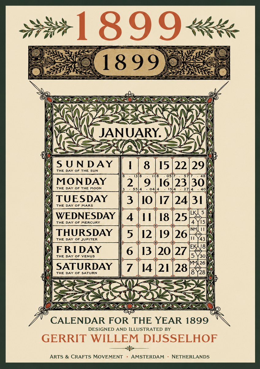 Gerrit Willem Dijsselhof January. Calendar for 1899. No3 - Poszter