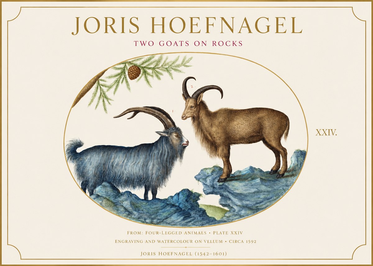 Joris Hoefnagel Two Mountain Goats from the Series Quadrupeds No6 - Poszter