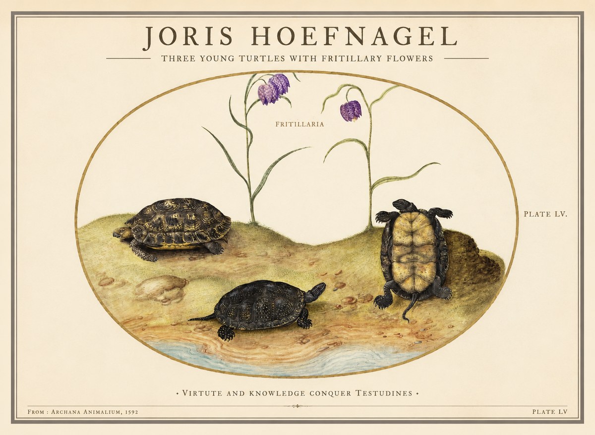 Joris Hoefnagel Three Young Turtles with Fritillary Flowers No1 - Poszter