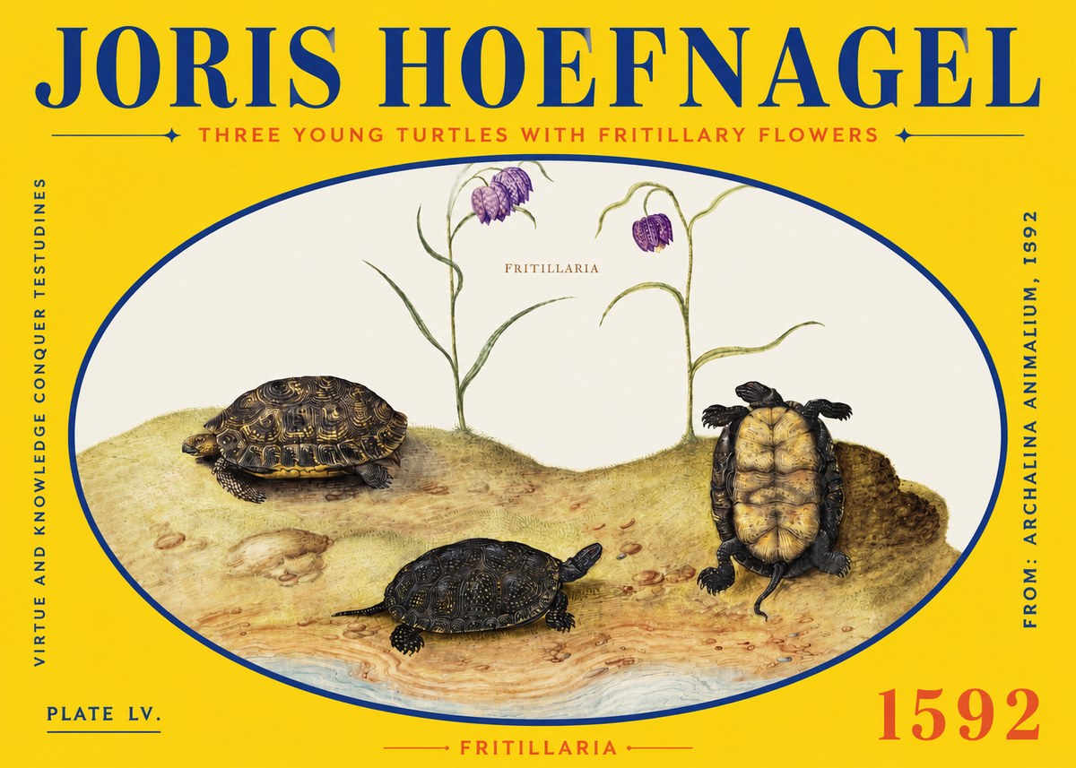 Joris Hoefnagel Three Young Turtles with Fritillary Flowers No2 - Poszter