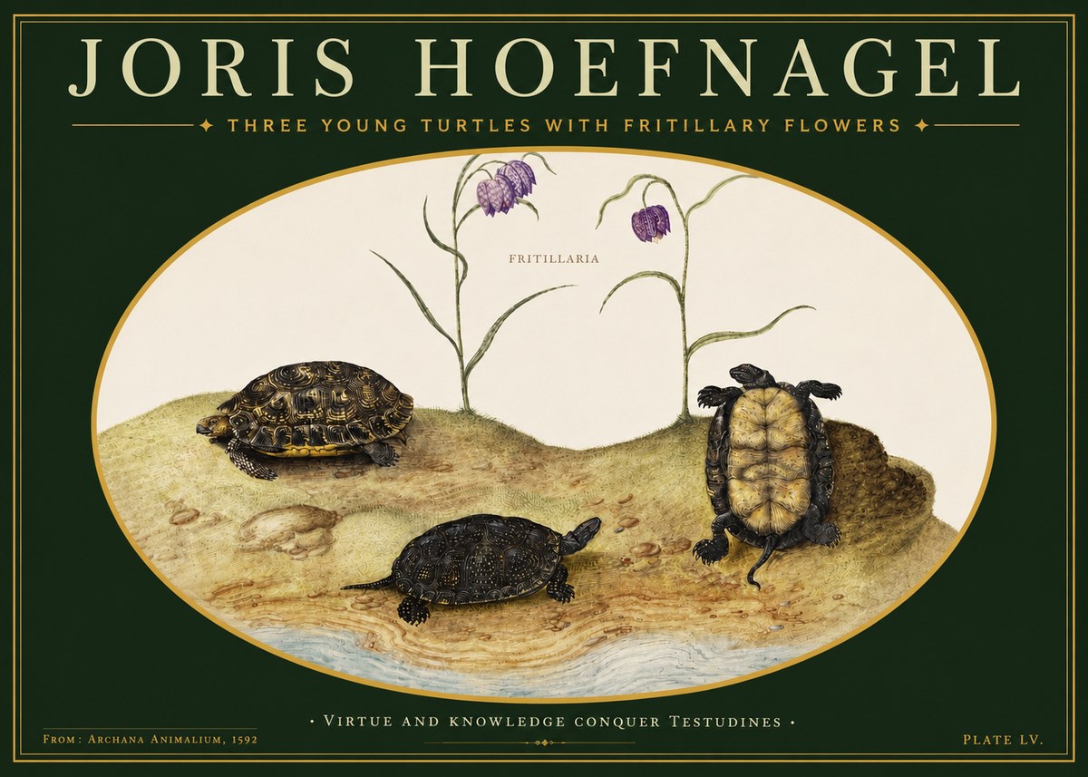 Joris Hoefnagel Three Young Turtles with Fritillary Flowers No3 - Poszter