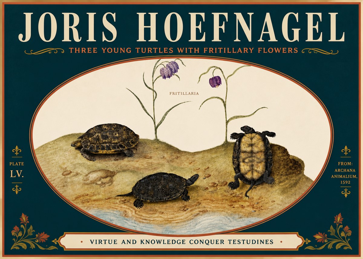 Joris Hoefnagel Three Young Turtles with Fritillary Flowers No6 - Poszter