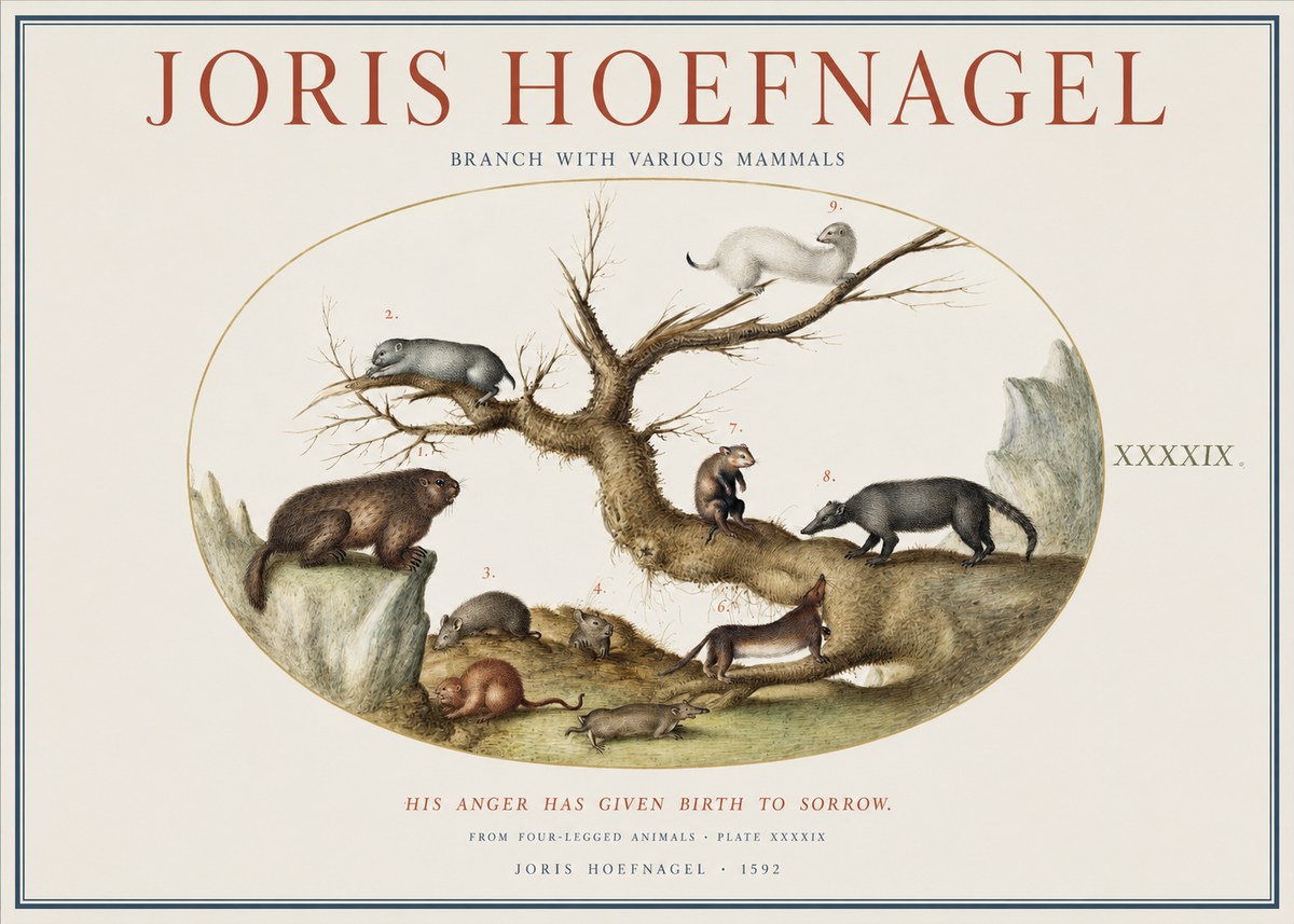 Joris Hoefnagel Branch with Various Mammals No1 - Poszter