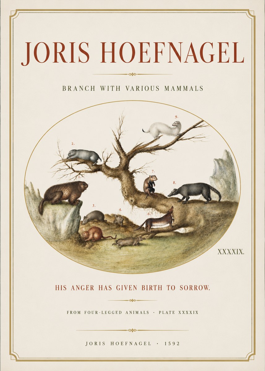 Joris Hoefnagel Branch with Various Mammals No3 - Poszter