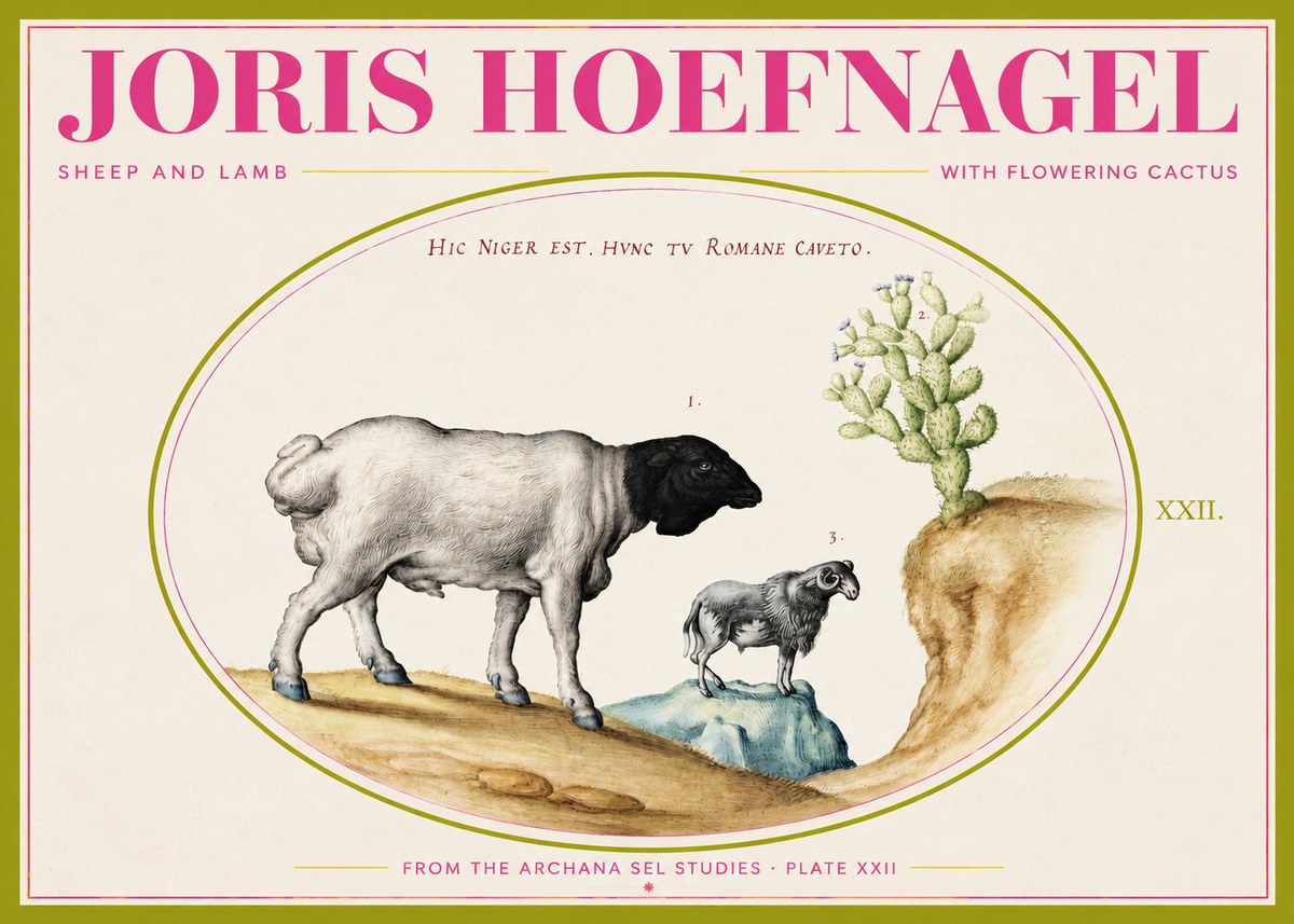 Joris Hoefnagel Sheep and Lamb with Flowering Cactus No2 - Poszter