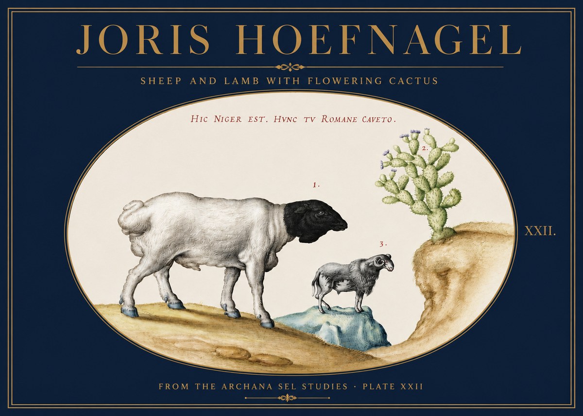 Joris Hoefnagel Sheep and Lamb with Flowering Cactus No3 - Poszter
