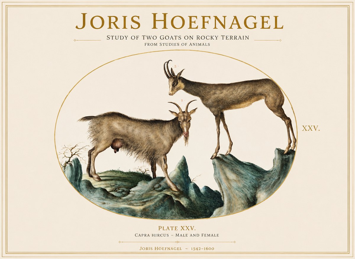 Joris Hoefnagel Study of Two Goats on Rocky Terrain No1 - Poszter