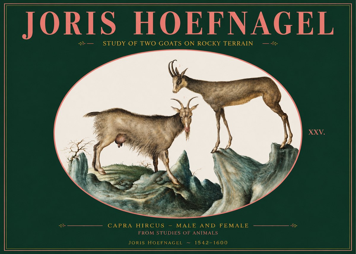 Joris Hoefnagel Study of Two Goats on Rocky Terrain No2 - Poszter