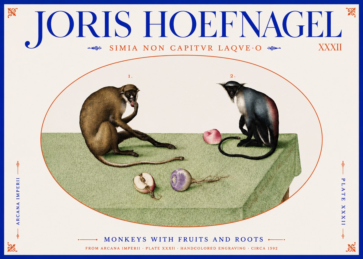 Joris Hoefnagel Monkeys with Fruits and Roots No4 - Poszter