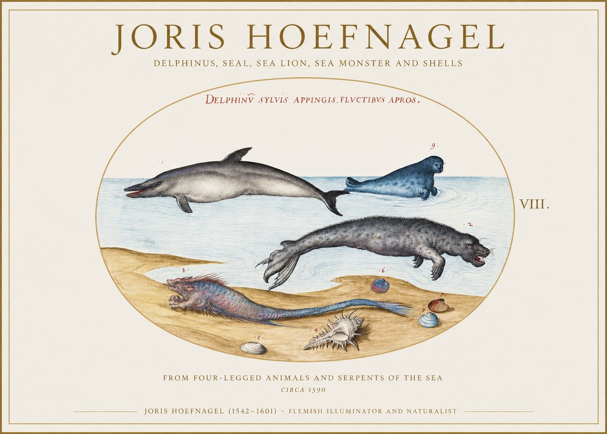 Joris Hoefnagel Delphinus, Seal, Sea Lion, Sea Monster and Shells No1 - Poszter