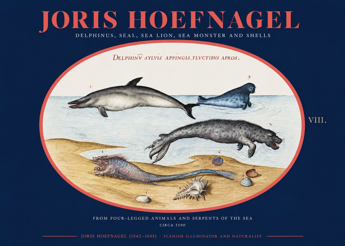 Joris Hoefnagel Delphinus, Seal, Sea Lion, Sea Monster and Shells No2 - Poszter