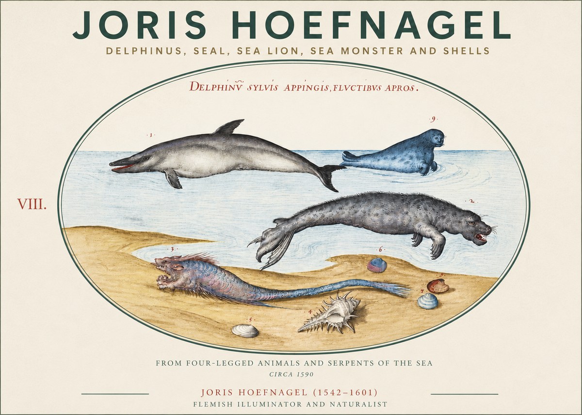Joris Hoefnagel Delphinus, Seal, Sea Lion, Sea Monster and Shells No3 - Poszter