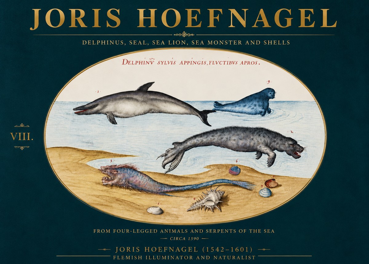 Joris Hoefnagel Delphinus, Seal, Sea Lion, Sea Monster and Shells No4 - Poszter