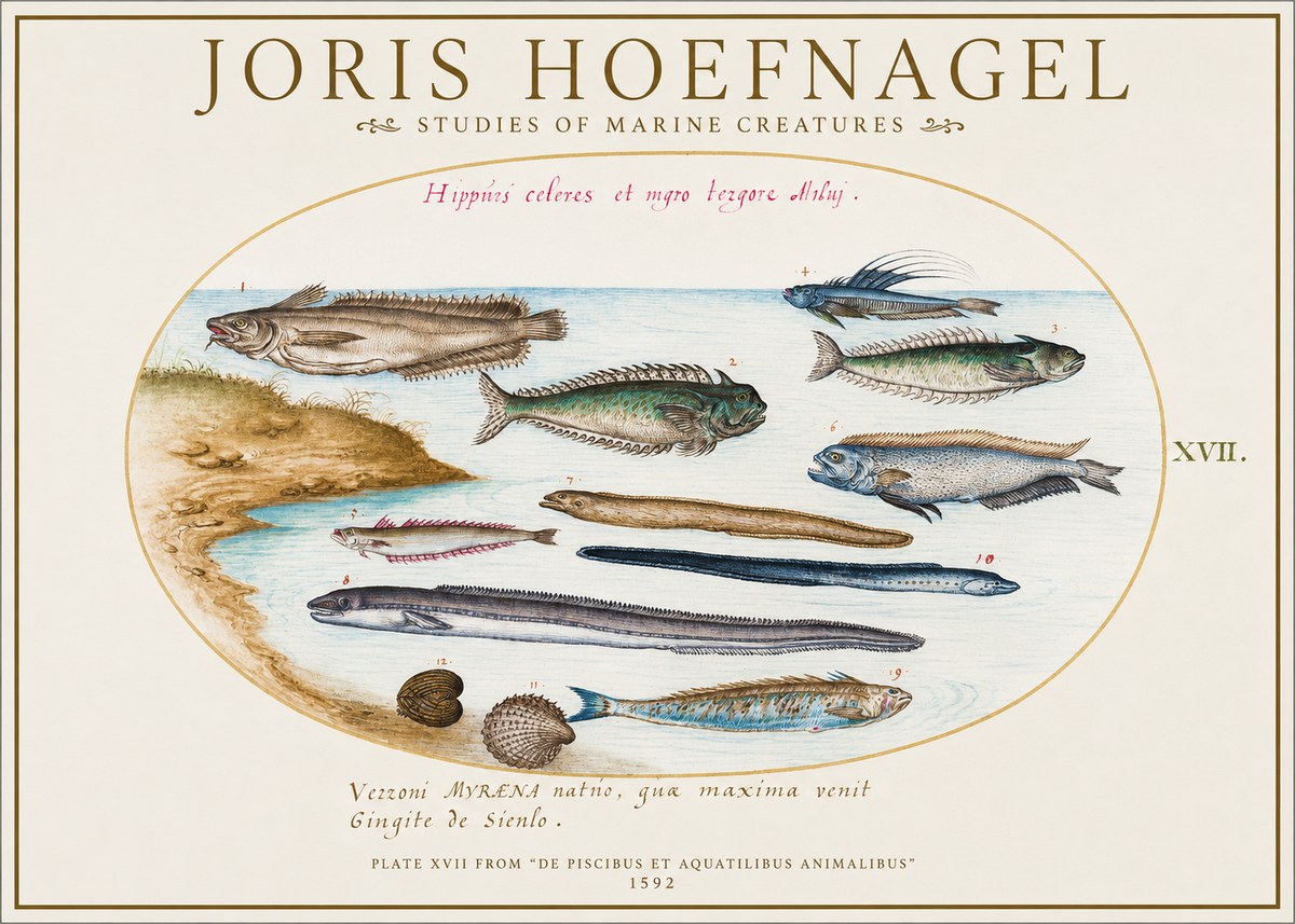 Joris Hoefnagel Plate Xvii from "De Piscibus Et Aquatilibus Animalibus" No1 - Poszter