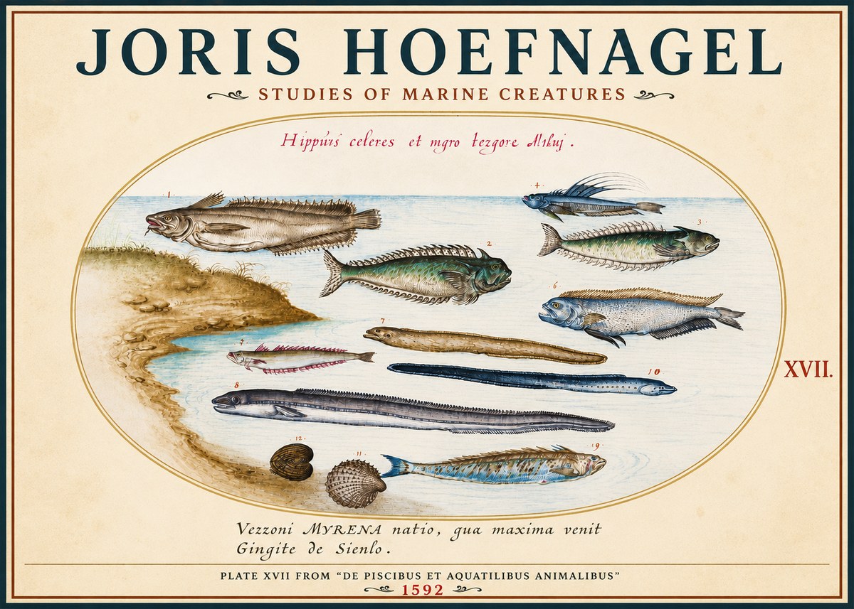 Joris Hoefnagel Plate Xvii from "De Piscibus Et Aquatilibus Animalibus" No3 - Poszter