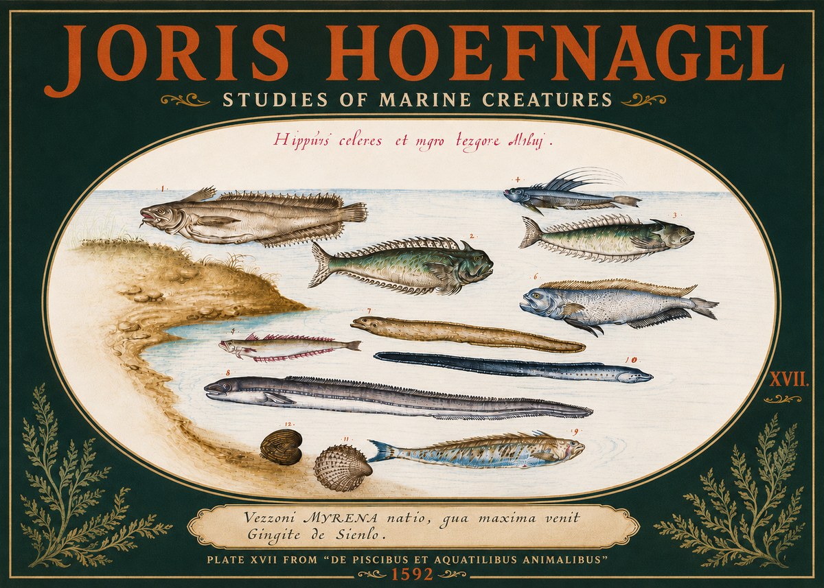 Joris Hoefnagel Plate Xvii from "De Piscibus Et Aquatilibus Animalibus" No4 - Poszter