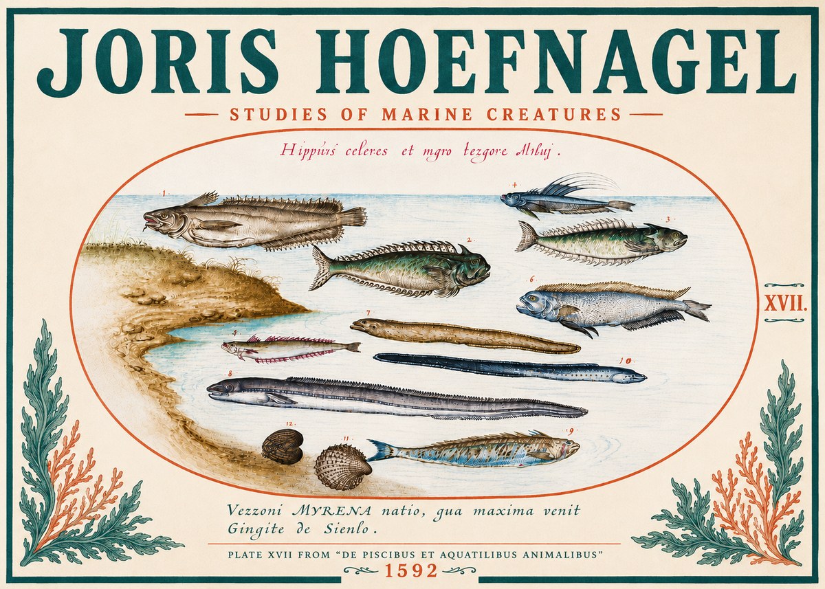 Joris Hoefnagel Plate Xvii from "De Piscibus Et Aquatilibus Animalibus" No5 - Poszter