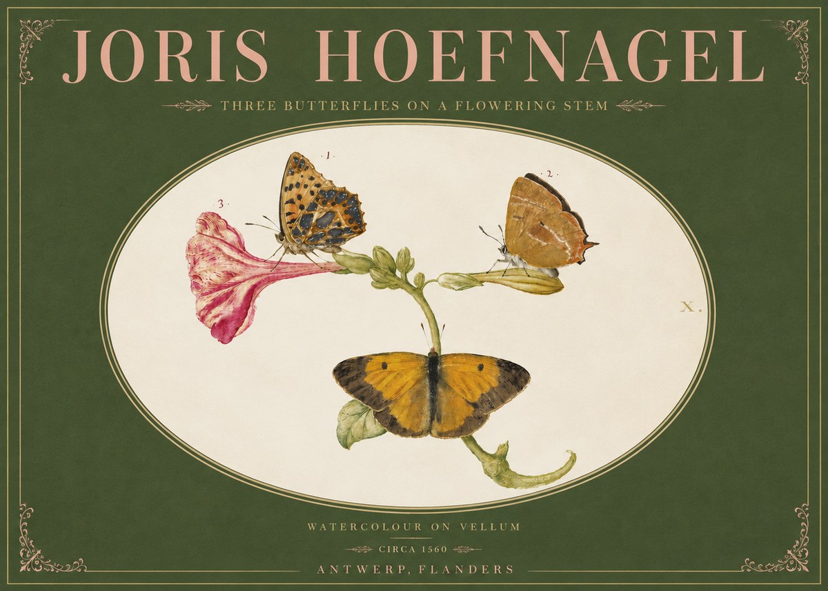 Joris Hoefnagel Three Butterflies on a Flowering Stem No4 - Poszter