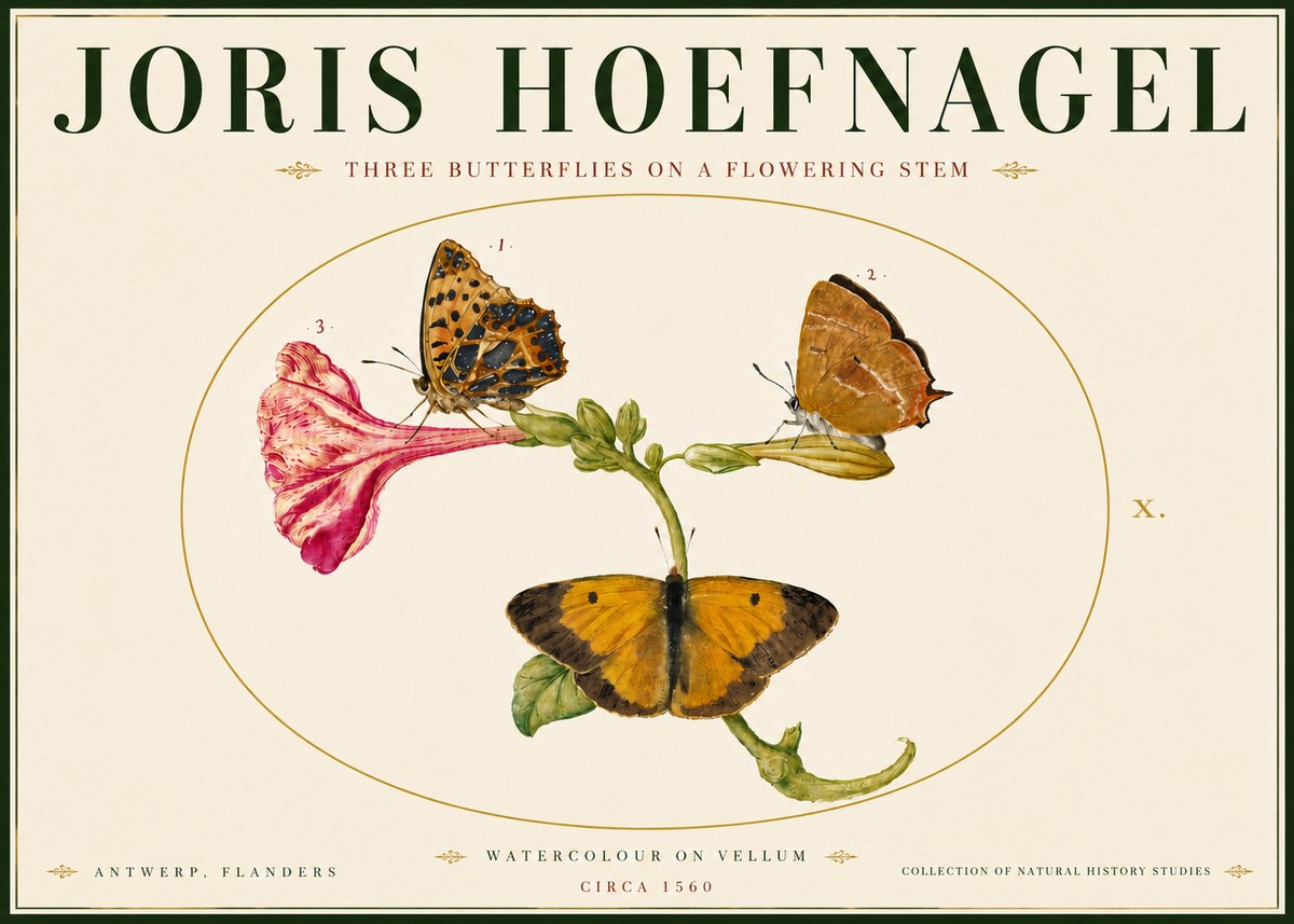 Joris Hoefnagel Three Butterflies on a Flowering Stem No6 - Poszter