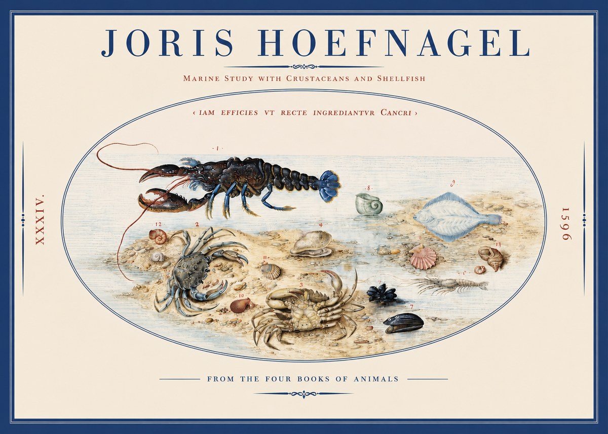 Joris Hoefnagel Marine Study with Crustaceans and Shellfish No2 - Poszter