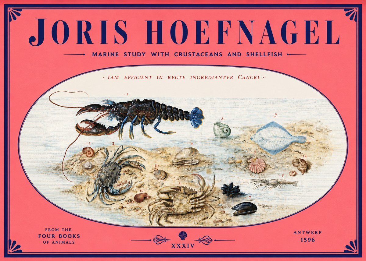 Joris Hoefnagel Marine Study with Crustaceans and Shellfish No4 - Poszter