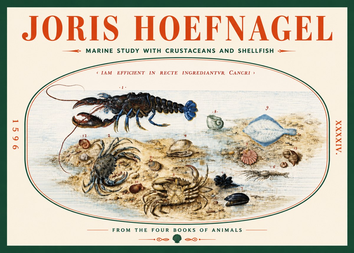 Joris Hoefnagel Marine Study with Crustaceans and Shellfish No5 - Poszter