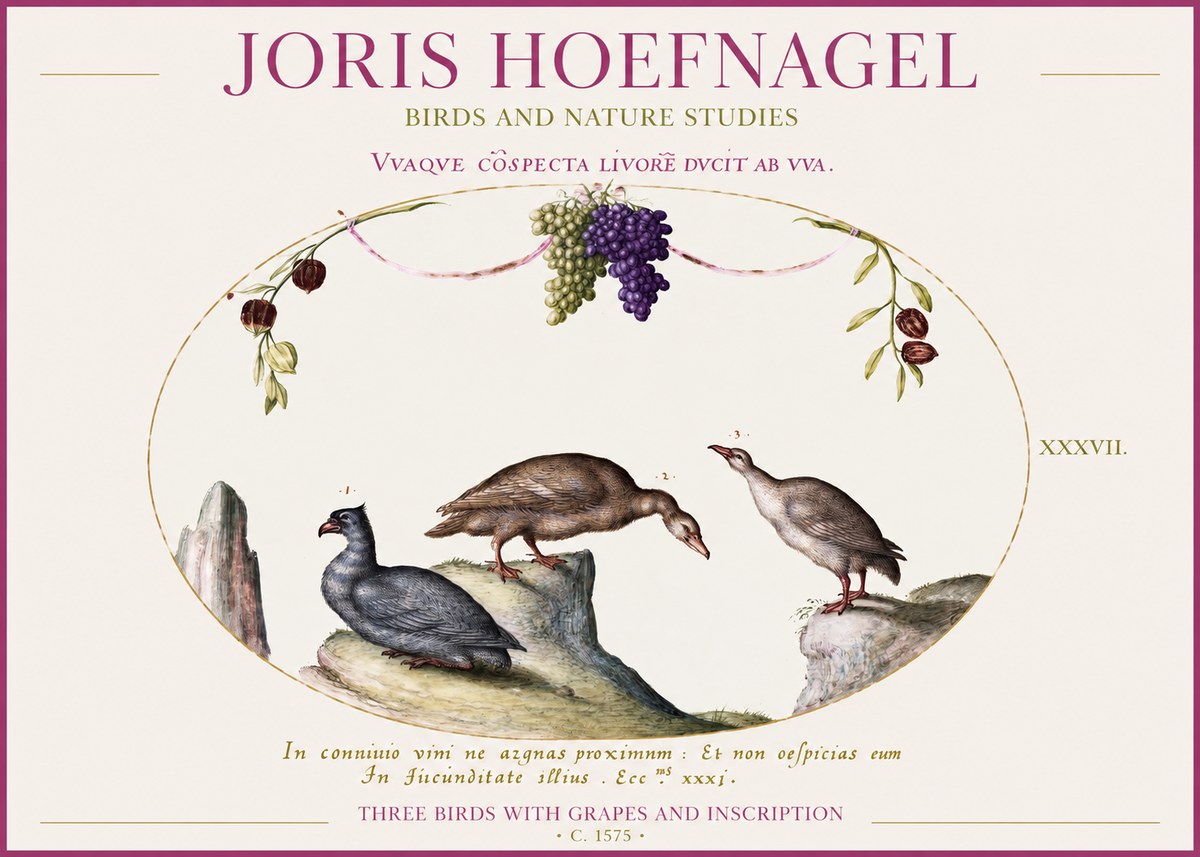 Joris Hoefnagel Three Birds with Grapes and Inscription No1 - Poszter