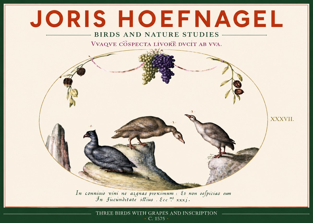 Joris Hoefnagel Three Birds with Grapes and Inscription No2 - Poszter