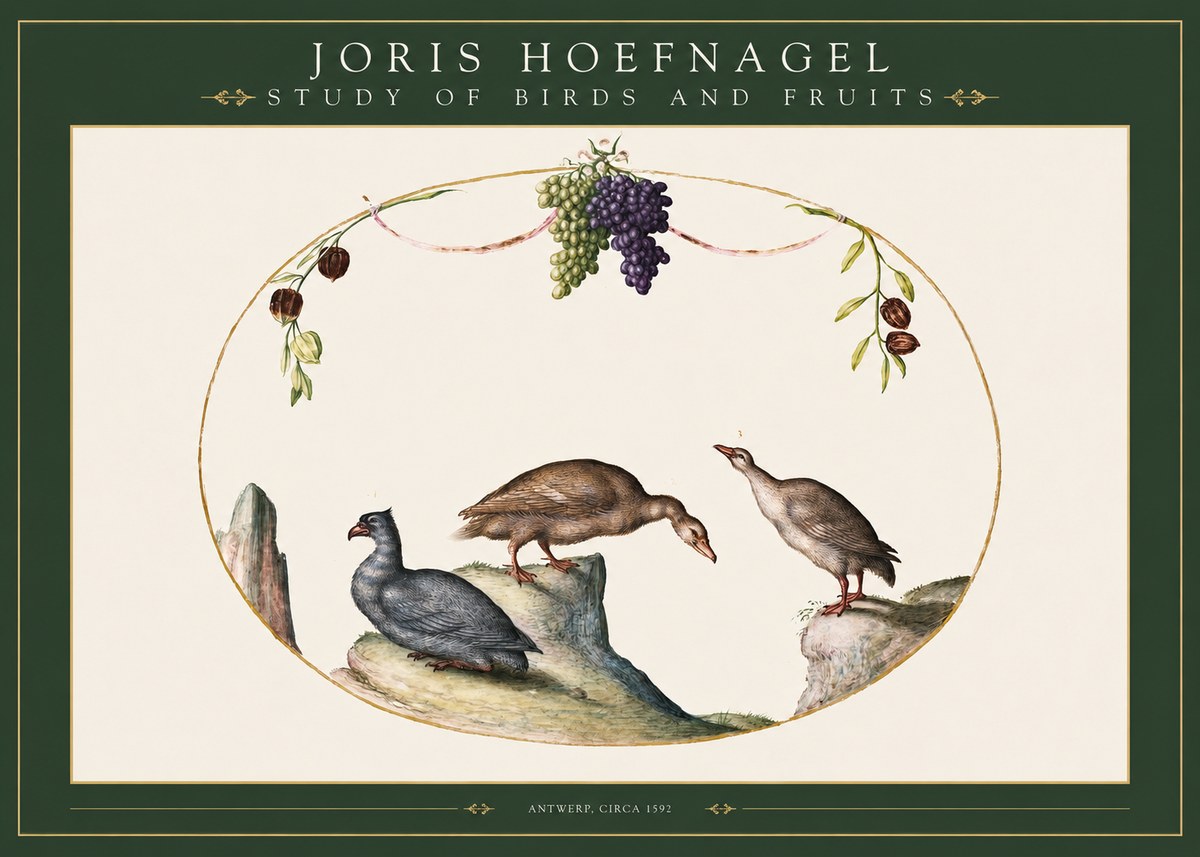 Joris Hoefnagel Three Birds with Grapes and Inscription No3 - Poszter